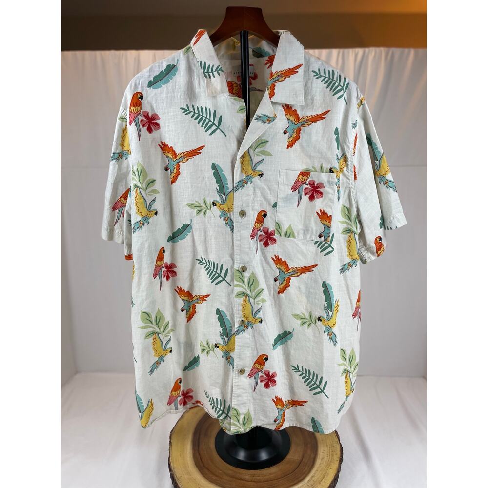 True Craft Tropical Bird Parrot Floral Short Sleeve Button Down Off White XXL
